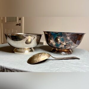 Paul Revere Style 2 Silver Bowls and Serving Spoon *heavy patina, no damage*